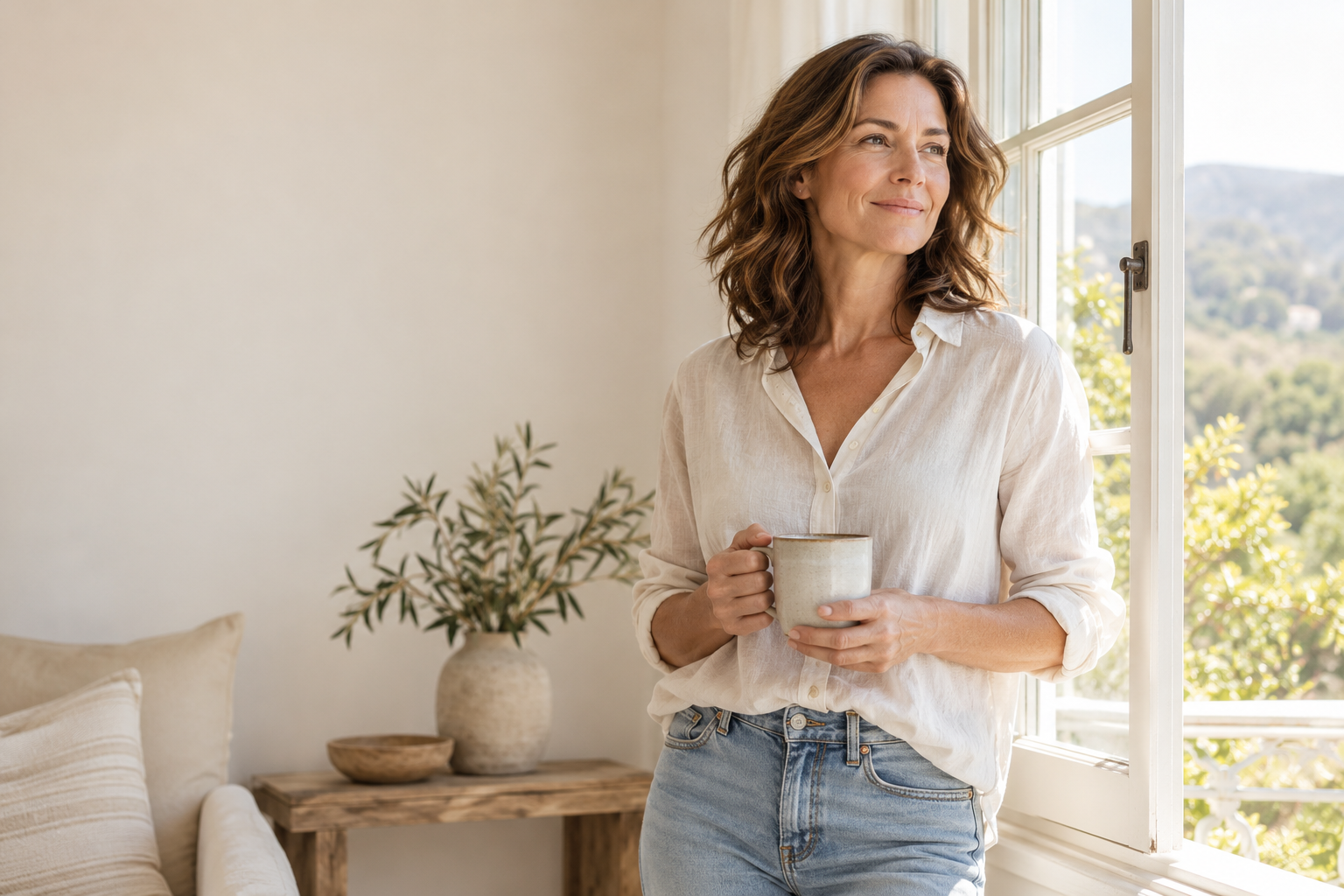 Woman in a sage sweater speaking attentively on a laptop video call