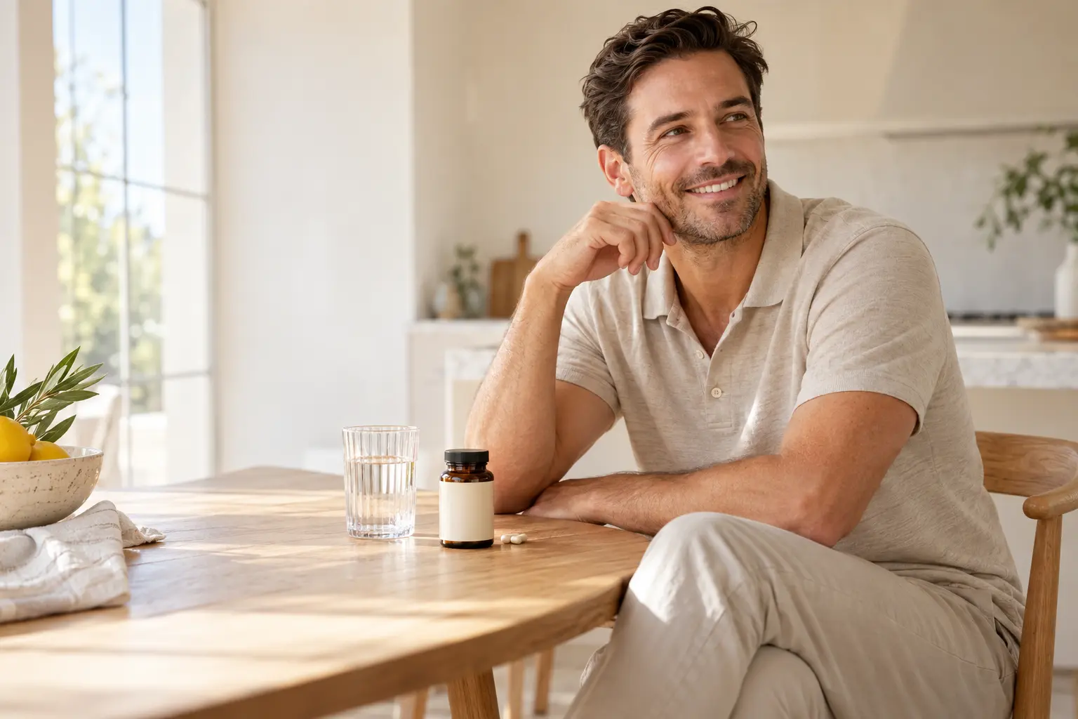 Man in a chocolate sweater holding a supplement bottle at a kitchen counter in morning light