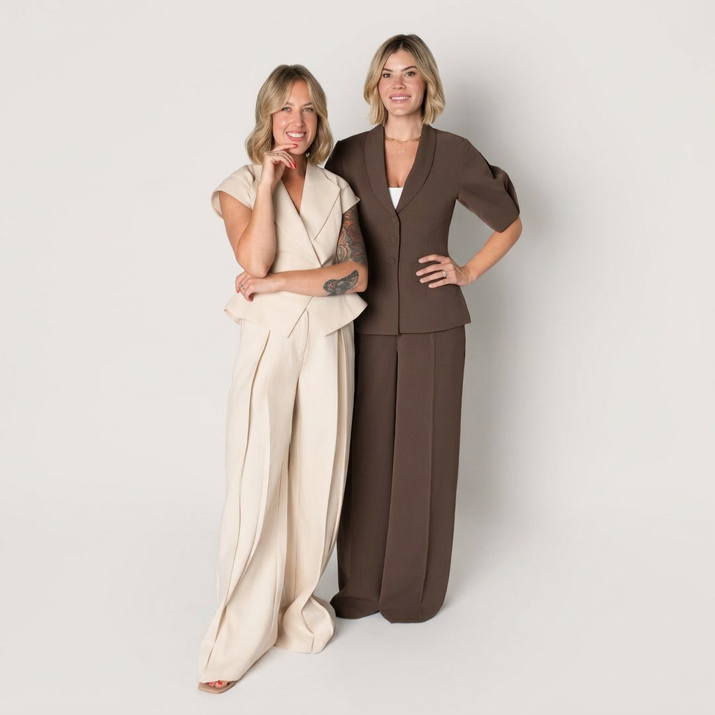 Corinne Curran, FNP-C, with a member of the Vitality Modern Medicine front desk team in a warm ivory studio portrait