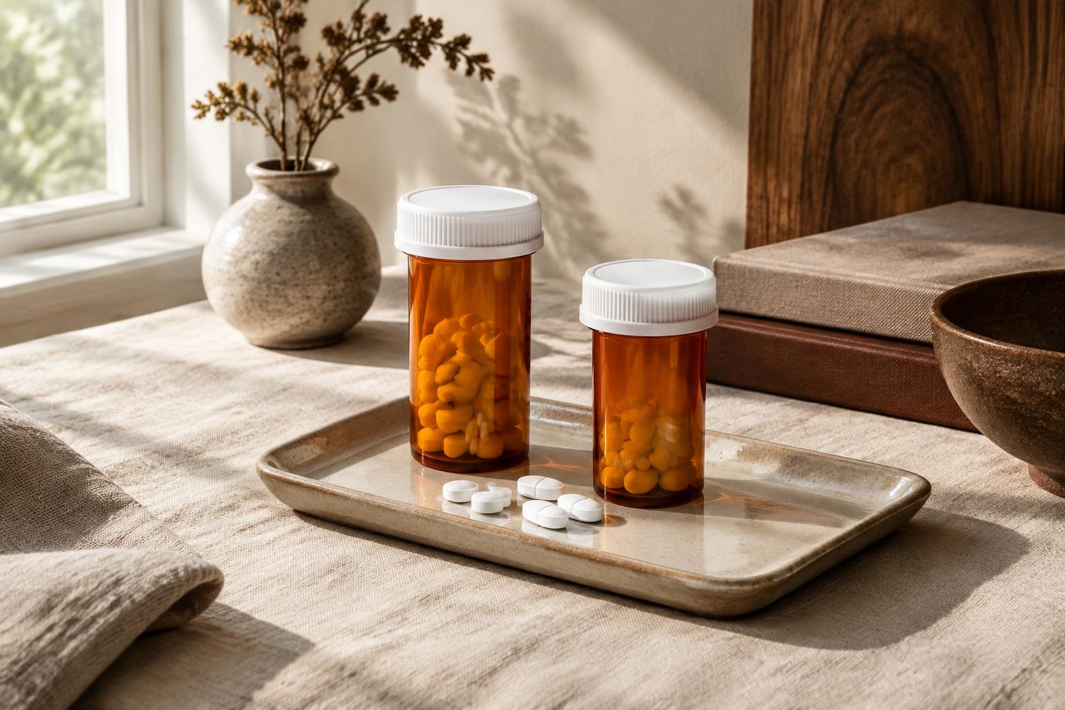 Two unmarked prescription bottles and tablets on a ceramic tray