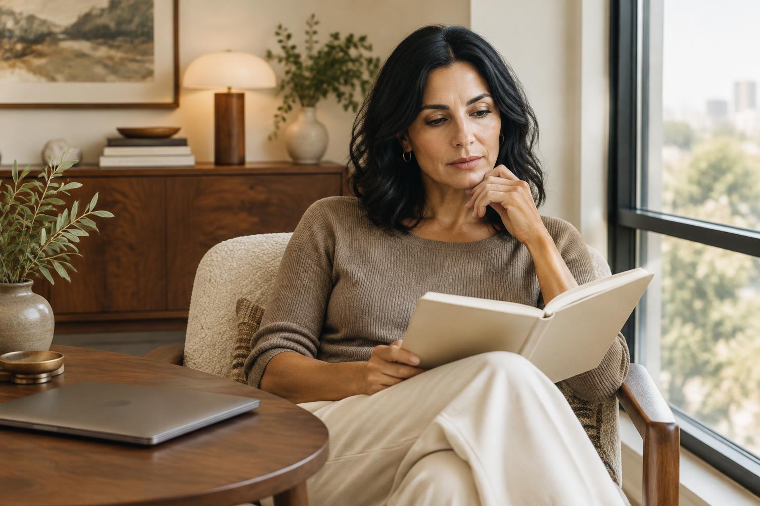 Woman reviewing a notebook beside a sunlit window