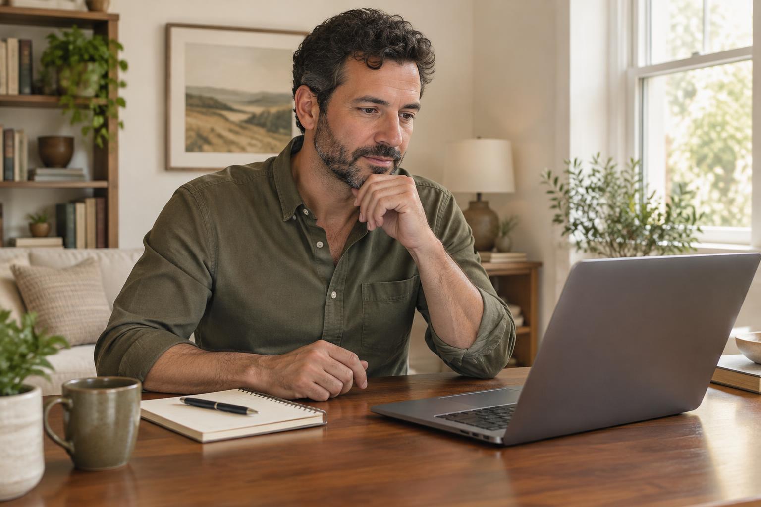 Man comparing care options with a laptop and notebook