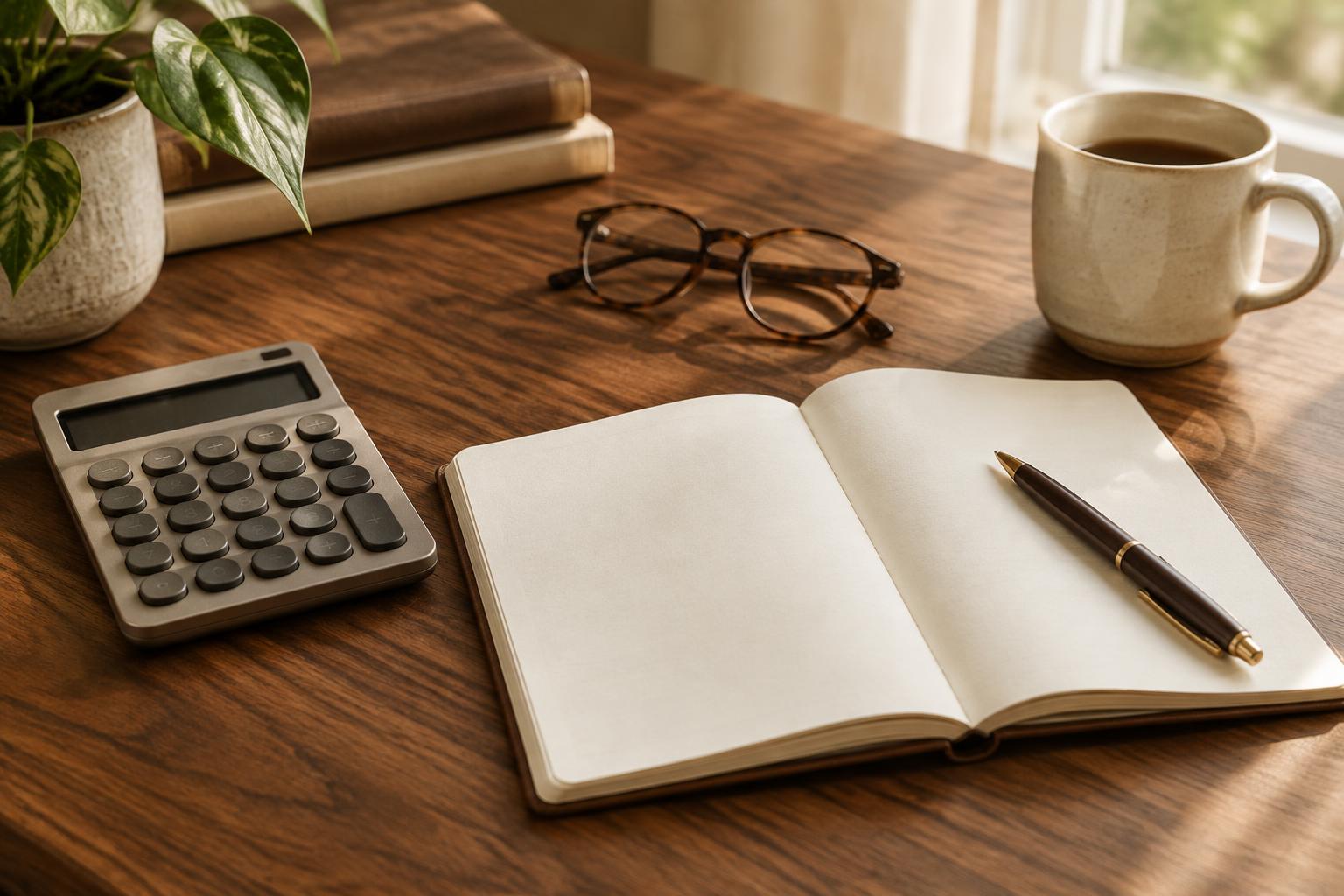 Calculator, notebook, glasses and coffee on a walnut table