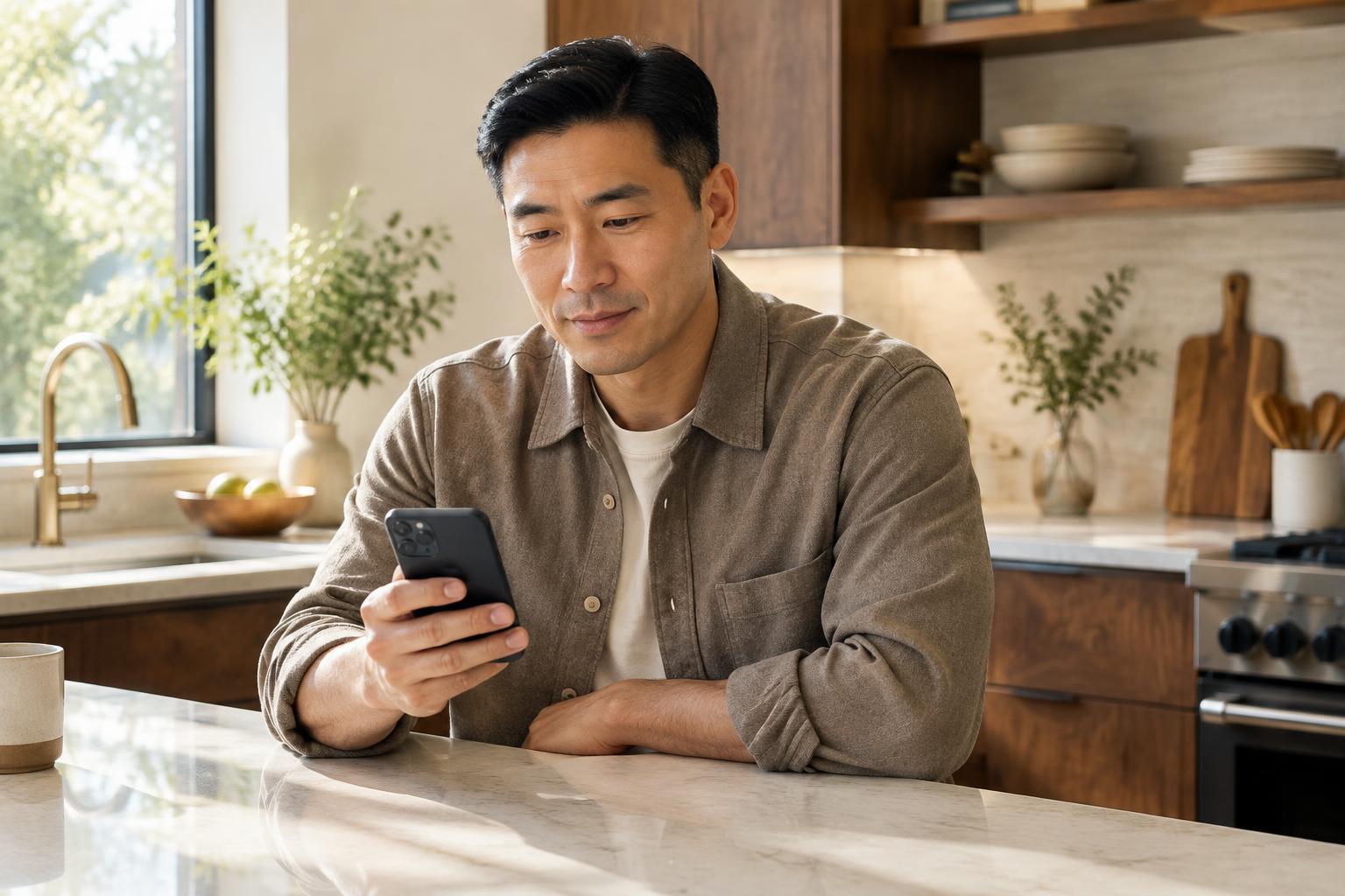 Man checking his phone in a sunlit kitchen