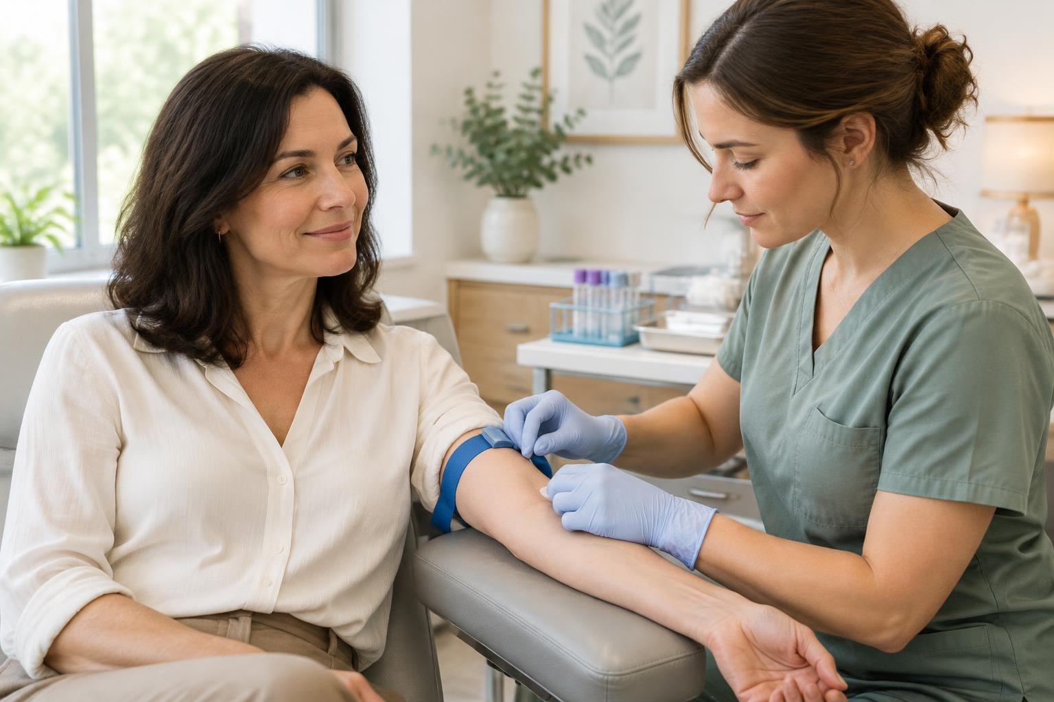 Woman having a routine blood draw with a phlebotomist