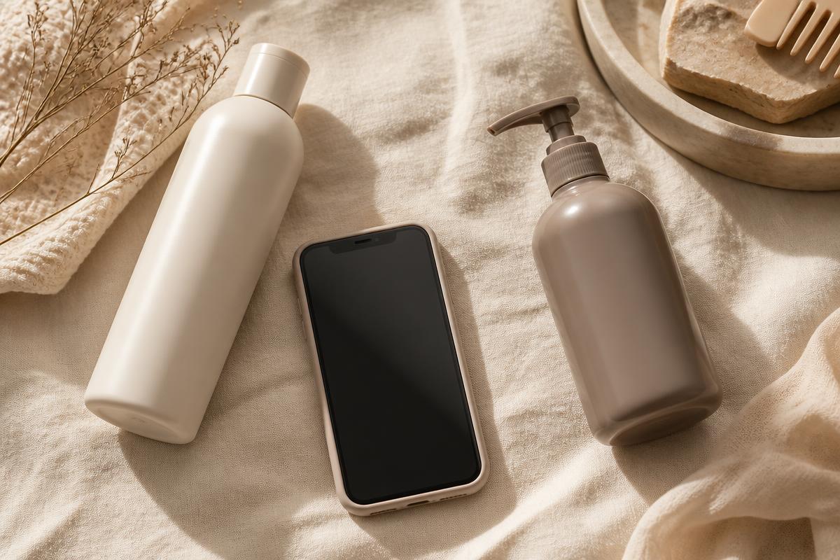 Two hair care bottles and a smartphone on a cream linen surface, suggesting a product comparison