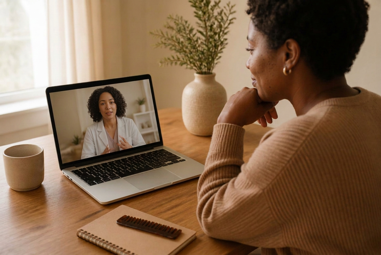 Woman on a video consultation with a provider, with a notebook and comb on the table