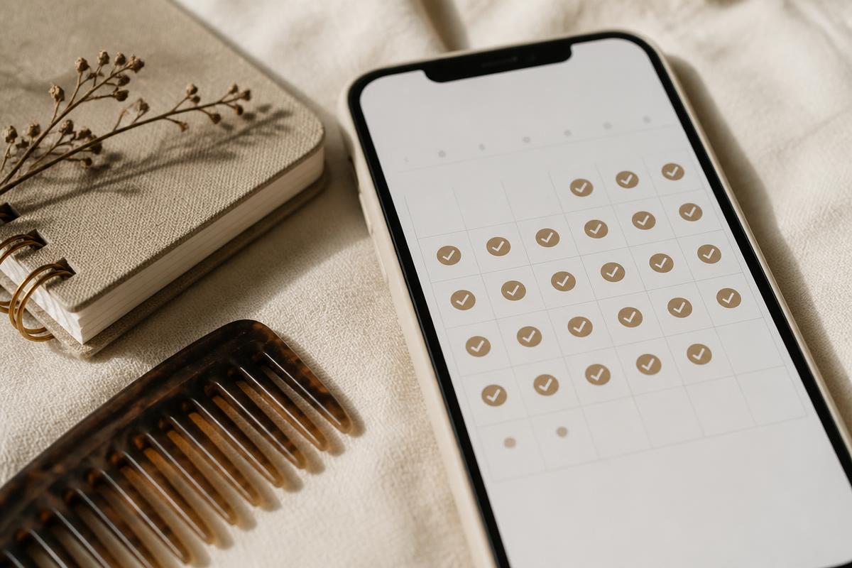 Smartphone calendar app next to a notebook and a wooden comb on cream linen
