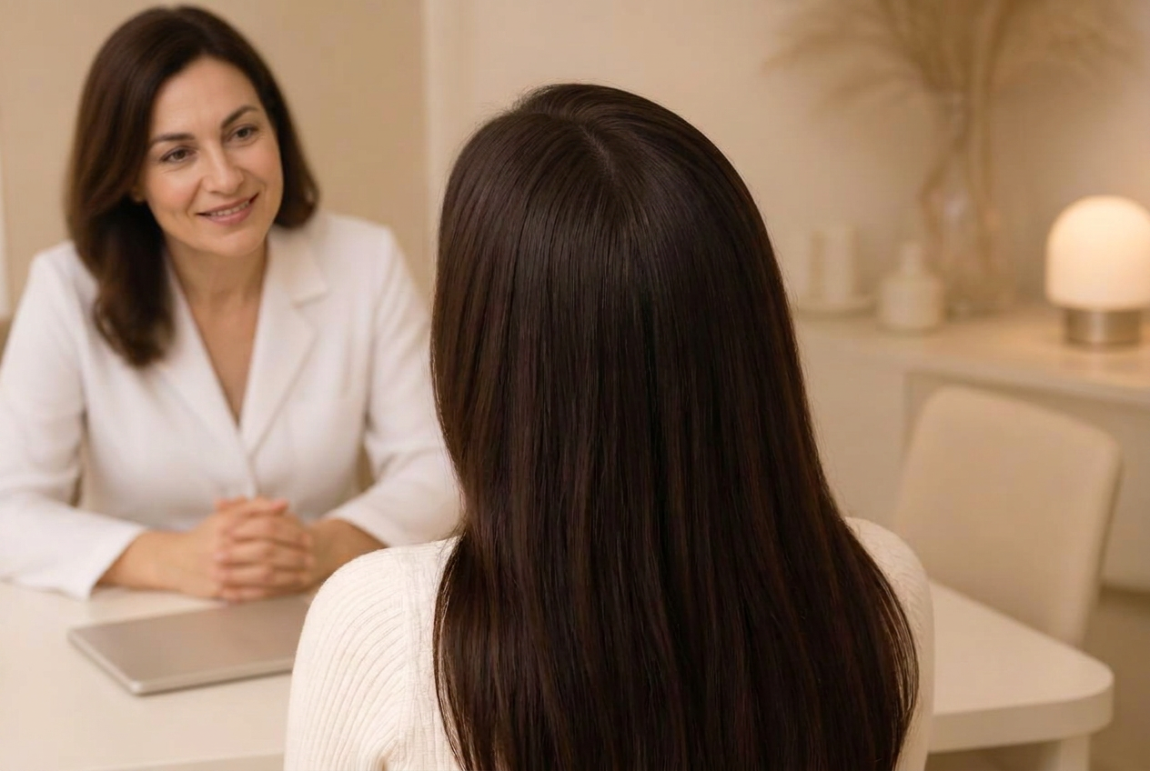 Woman with dark hair viewed from behind during a calm consultation with a clinician